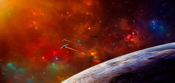 Uzay sahne. İki uzay gemisi ve gezegen ile renkli Bulutsusu. NASA tarafından döşenmiş öğeleri. 3D render