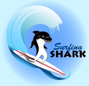 Sörf eğlenceli köpekbalığı mavi dalga, vektör çizim