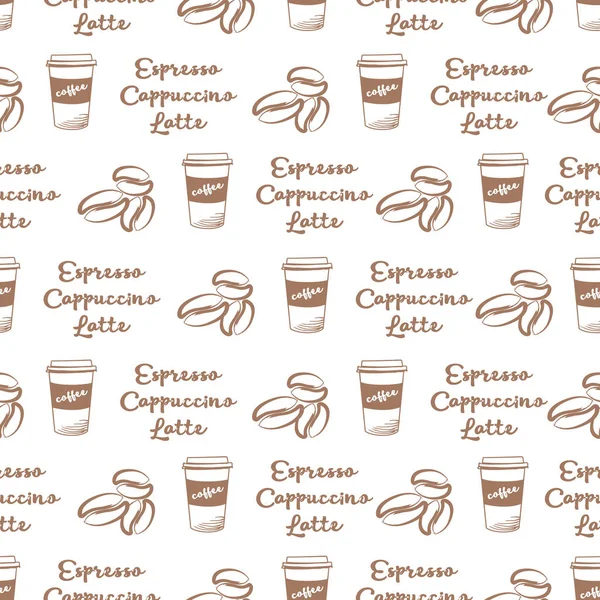 Motif Sans Couture Avec Tasse Café Café Grain Texte Sur — Image vectorielle