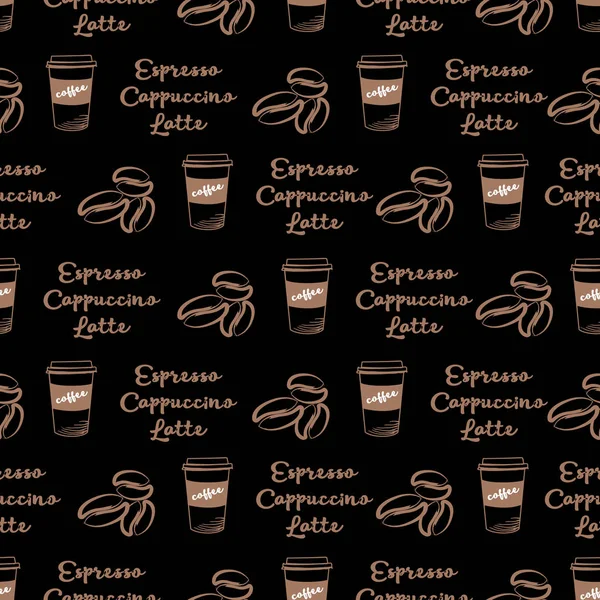 Motif Sans Couture Avec Tasse Café Café Grain Texte Sur — Image vectorielle