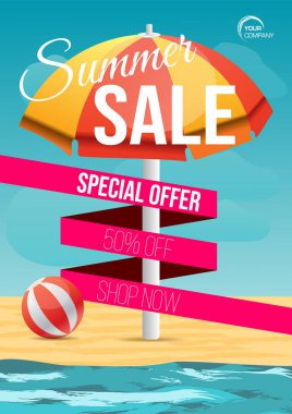 Yaz Satılık plaj şemsiyesi, kum ve su, vektör şablonu ile