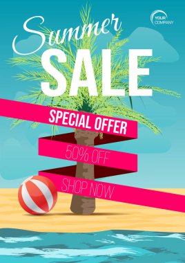 Yaz Satılık palmiye ağacı, kum ve su, vektör şablonu ile