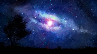 Uzay sahne. Mavi Samanyolu ağaç siluet. NASA tarafından döşenmiş öğeleri. 3D render