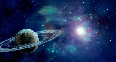 Uzay sahne. İki gezegen ile mavi renkli Bulutsusu. NASA tarafından döşenmiş öğeleri. 3D render