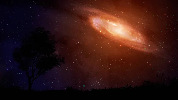 Scena Spaziale Galassia Arancione Con Silhouette Albero Elementi Forniti Dalla — Foto Stock