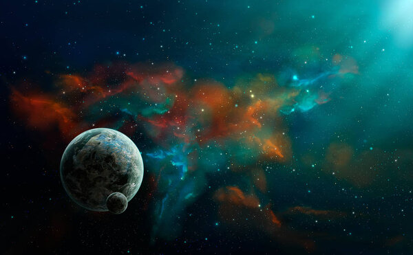 Space scene. Colorful nebula with two planet. Elements furnished by NASA. 3D rendering