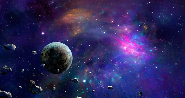 Uzay sahne. Gezegen ve asteroid ile renkli Bulutsusu. NASA tarafından döşenmiş öğeleri. 3D render