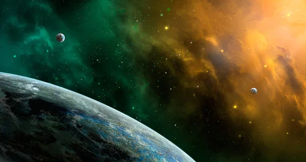 Scena Spaziale Nebulosa Arancione Verde Con Pianeti Elementi Forniti Dalla — Foto Stock