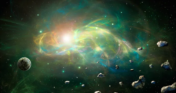 空间场景 带有行星和小行星的彩色分形星云 Nasa 提供的元素 — 图库照片