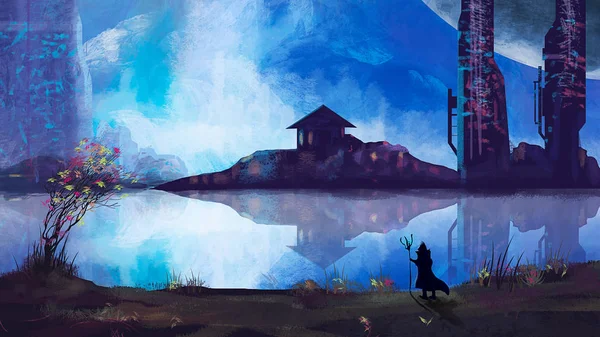 Mago Con Città Fantascientifica Fiume Pittura Digitale — Foto Stock