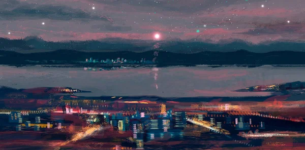Bunte Nachtstadt Mit Fluss Digitale Malerei — Stockfoto