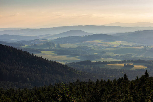 Amazing view from kravi mountains to hill on sunset, Czech landscape