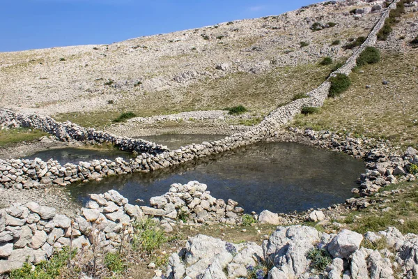 Diviska pond with stone wall in water, island Krk Croatia