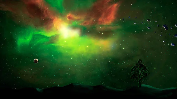Escena Espacial Nebulosa Verde Roja Con Silueta Planetaria Terrestre Elementos — Foto de Stock