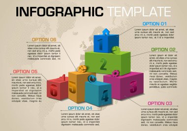 Modern renkli infographics seçenekleri şablon vektör 3d kutu, simgeler ve noktalı Dünya Haritası