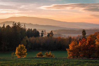 Güzel gün batımı tepe kitapçık ve ağaçlar, Çek Cumhuriyeti