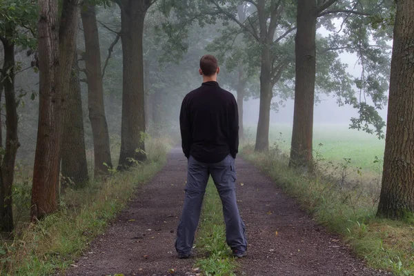 Young Man Standing Path Morning Misty Fog Back — Stock Photo, Image