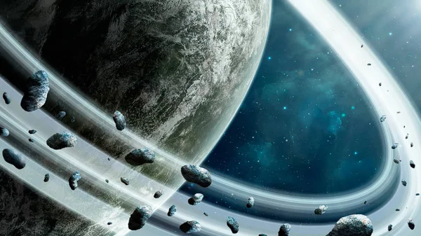 Scène Van Ruimte Blauwe Nevel Met Planeet Asteroïden Planetaire Ring — Stockfoto