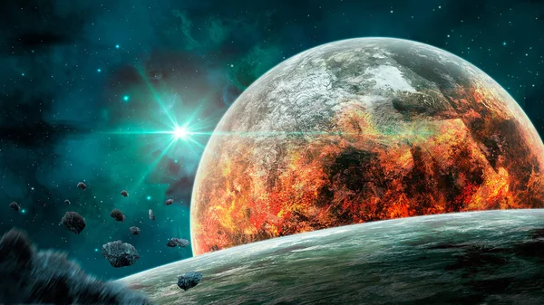 Uzay sahne. Mavi nebula ile yangın ve asteroid gezegen. NASA tarafından döşenmiş öğeleri. 3D render