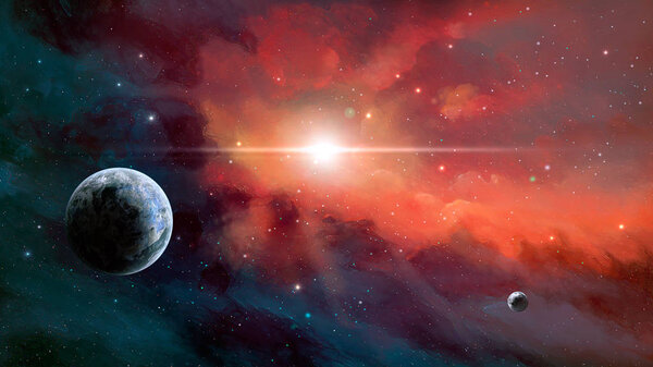 Космическая сцена Красочная туманность с двумя планетами. Элементы меблированы НАСА. 3D рендеринг
