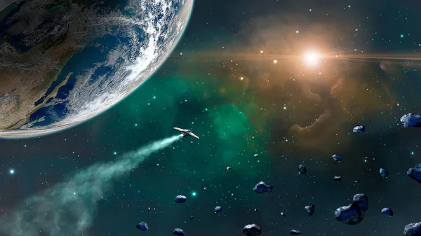 Uzay sahne. Dünya gezegen, uzay gemisi ve asteroid ile yeşil ve turuncu Bulutsusu. NASA tarafından döşenmiş öğeleri. 3D render