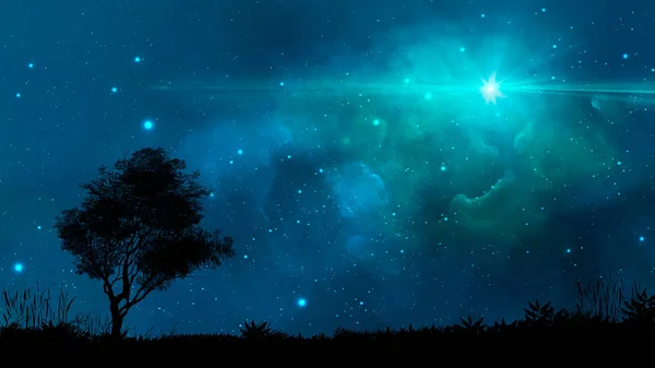 Uzay sahne. Mavi nebula ile ağaç ve arazi siluet. NASA tarafından döşenmiş öğeleri. 3D render