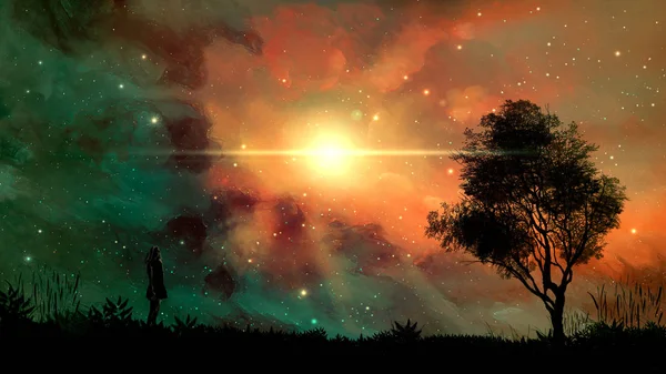 宇宙のシーン 女の子 木のシルエットとカラフルな星雲です Nasa から提供された要素 レンダリング — ストック写真