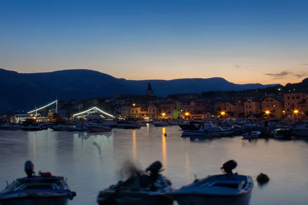 Kleines Dorf Baska Mit Schiffen Der Nacht Lange Belichtung Insel — Stockfoto