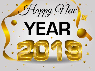 Mutlu yeni yıl renkli 3d metin 2019 altın renkli vektör şablonuyla top ve konfeti gri degrade üzerinde