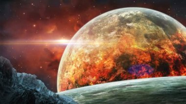 Uzay sahne. Gezegen kırmızı Bulutsusu ve asteroid ile ateş. NASA tarafından döşenmiş öğeleri. 3D render