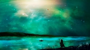 Sci-Fi peyzaj dijital resim ejderha Bulutsusu, büyücü ve yeşil renk gölde gemide. NASA tarafından döşenmiş öğeleri. 3D render