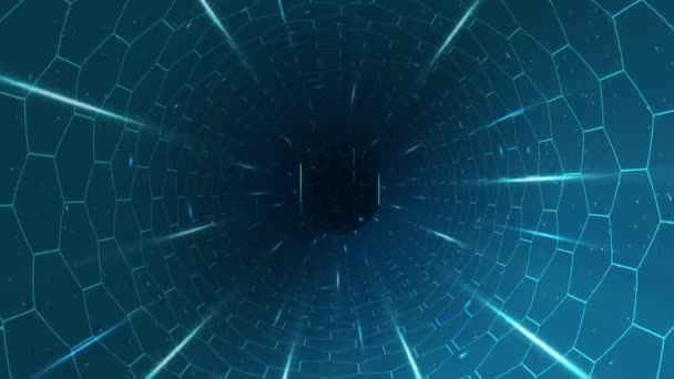 Túnel Rotación Futurista Azul Con Hexágonos Rayos Luz — Vídeo de stock