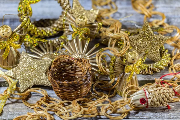 Sláma Zlaté Třpytky Vánoční Betlém Dřevo — Stock fotografie