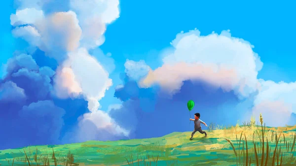 Small boy runing  on meadow with green balloon and big clouds, digital painting