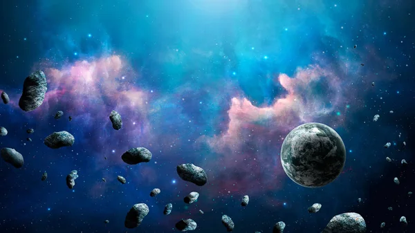 Uzay sahne. Gezegen ve asteroid ile mavi Bulutsusu. NASA tarafından döşenmiş öğeleri. 3D render