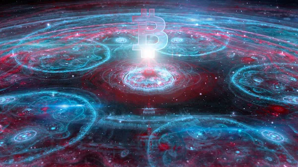 Absztrakt Színes Fraktál Illusztráció Bitcoin Cryptocurrency Szimbólum Kék Lila Színű — Stock Fotó
