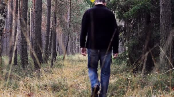 Young Man Walking Winter Grass Path — Stock Video