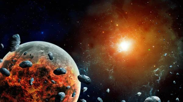 Uzay sahne. Renkli Bulutsusu yok gezegen ve asteroit. NASA tarafından döşenmiş öğeleri. 3D render