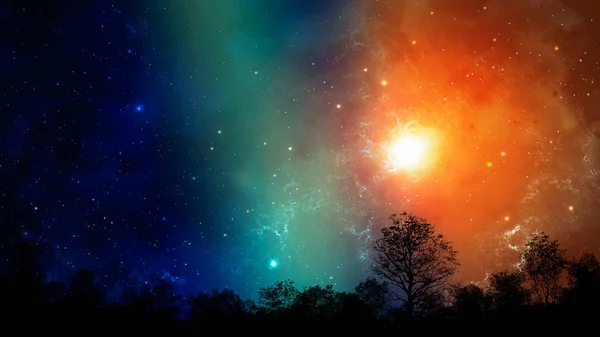 Space Scene Colorful Nebula Tree Silhouette Elements Furnished Nasa Rendering — Stock Photo, Image