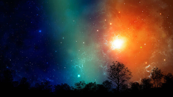 Space scene.Colorful nebula with tree silhouette. Elements furnished by NASA. 3D rendering