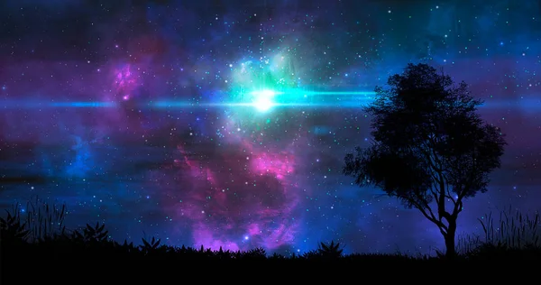 Utrymme Scen Blå Och Violett Nebulosa Med Och Mark Siluett — Stockfoto