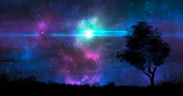 Space scene. Blue and violet nebula with and land silhouette. Elements furnished by NASA. 3D rendering