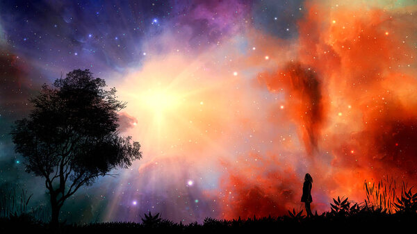 Space scene. Colorful nebula with land and girl silhouette. Elements furnished by NASA. 3D rendering