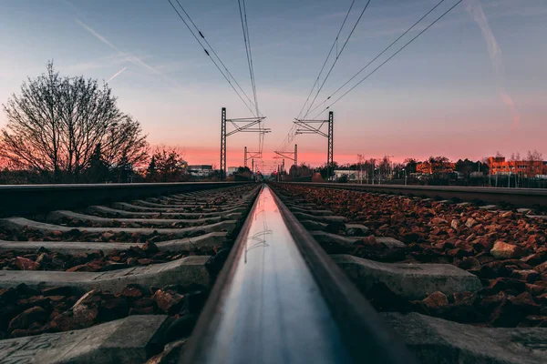 Металеві Доріжки Рейковою Краваткою Залізниці Заході Сонця — стокове фото