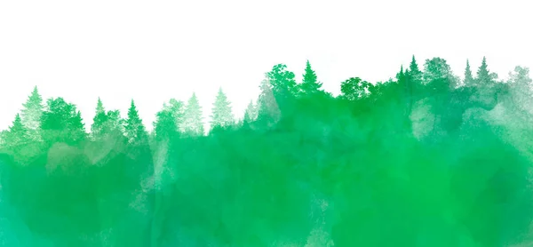 水彩画景观与松树和冷杉树在绿色 抽象自然背景在白色 森林模板 — 图库照片
