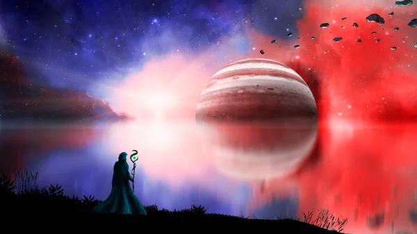 Peinture Numérique Paysage Science Fiction Avec Nébuleuse Magicien Gigantesque Gaz — Photo