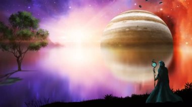 Nebula, sihirbaz, gaz Gigant ve göl ile Sci-Fi peyzaj dijital boyama. NASA tarafından döşenmiş elemanlar. 