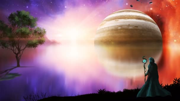 Sci Пейзаж Туманностью Волшебником Газовой Трубой Озером Элементы Обставленные Наса — стоковое видео