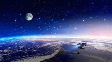 Uzay sahnesi. Dünya gezegeni, ay ve uzay gemisi ile renkli bulutsu. NASA tarafından döşenmiş elemanlar. 3B işleme