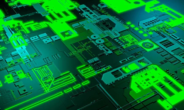 Soyut yüksek teknoloji elektronik PCB (baskılı devre) arka plan yeşil renkte. 3D çizim